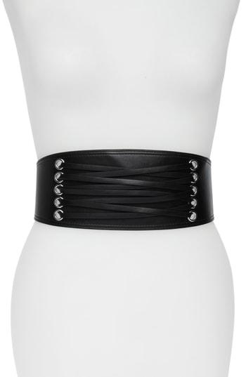 Women's Halogen Laced Corset Stretch Faux Leather Belt - Black