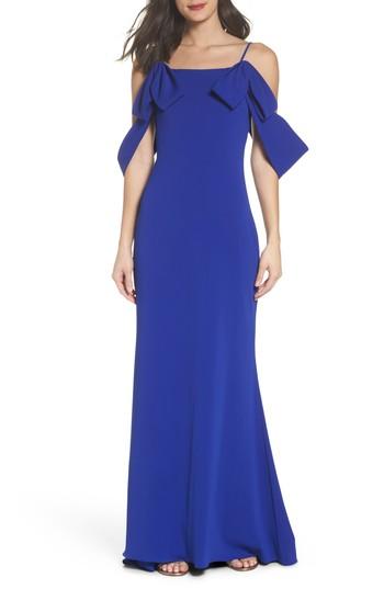 Women's Badgley Mischka Ribbon Sleeve Cold Shoulder Gown - Blue