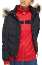 Women's Topshop Nancy Quilted Puffer Jacket With Faux Fur Trim Us (fits Like 2-4) - Blue