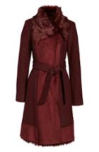 Women's Vince Camuto Faux Shearling Trim Belted Wool Blend Long Coat - Burgundy