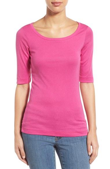 Women's Caslon Ballet Neck Cotton & Modal Knit Elbow Sleeve Tee - Pink