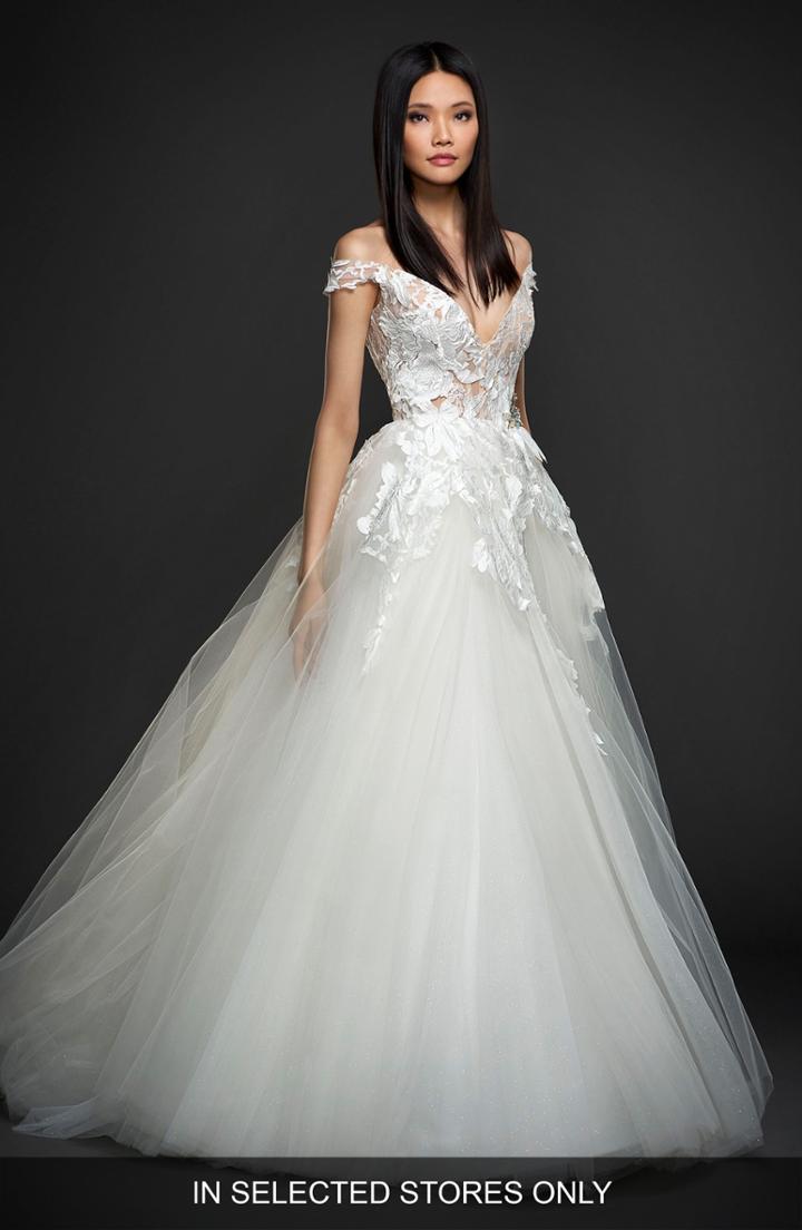 Women's Lazaro Off The Shoulder Sparkle Ballgown, Size - White