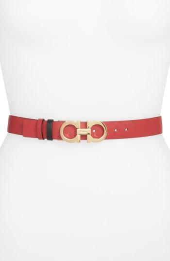 Women's Salvatore Ferragamo 'tissu' Reversible Saffiano Calfskin Leather Belt - Rosso/ Nero