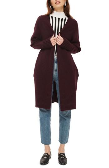 Women's Topshop Puff Sleeve Longline Cardigan Us (fits Like 0) - Purple