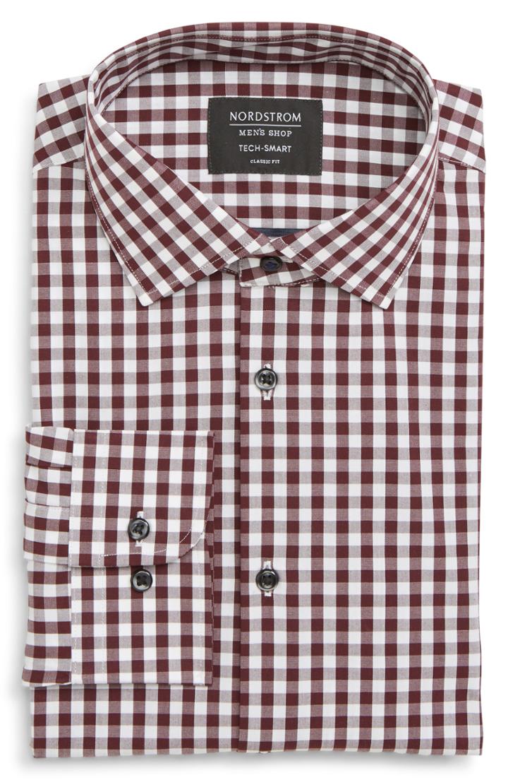 Men's Nordstrom Men's Shop Tech-smart Classic Fit Stretch Check Dress Shirt .5 - 32/33 - Burgundy