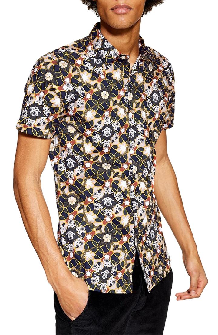 Men's Topman Star Floral Skinny Smart Woven Shirt, Size - Blue