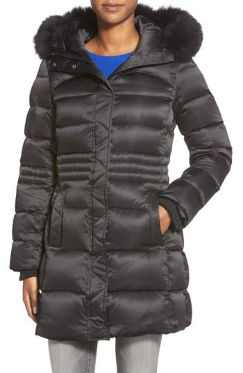 Petite Women's Sachi Down Coat With Genuine Fox Fur Trim, Size P - Black