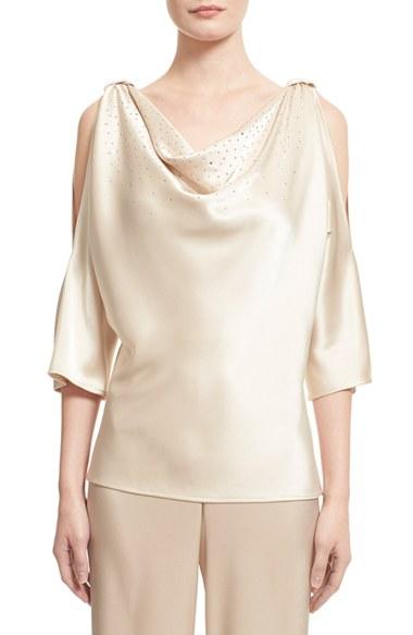 Women's St. John Collection Embellished Liquid Satin Cowl Neck Blouse
