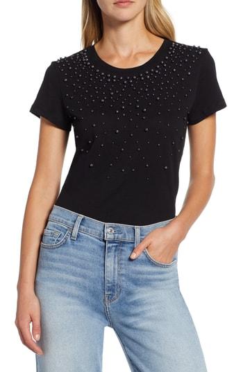 Women's Halogen Embellished Neck Tee, Size - Black