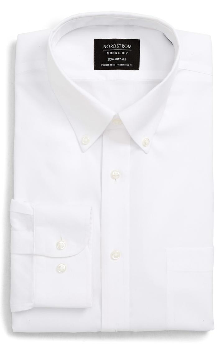 Men's Nordstrom Men's Shop Smartcare(tm) Traditional Fit Pinpoint Dress Shirt 34/35 - White