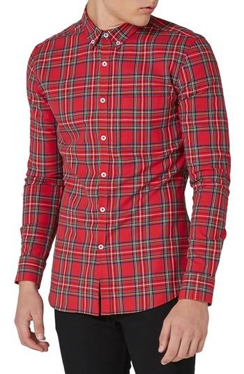 Men's Topman Trim Fit Tartan Shirt - Red