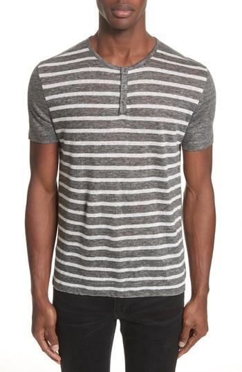 Men's John Varvatos Stripe Linen Henley T-shirt - Black