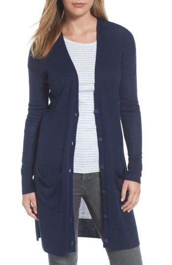 Women's Halogen Rib Knit Wool Blend Cardigan, Size - Blue