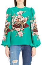 Women's Dolce & Gabbana Cat Print Silk Bell Sleeve Blouse Us / 44 It - Green