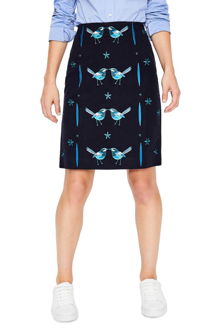 Women's Boden Fun Bird Embroidery Stretch Cotton Skirt