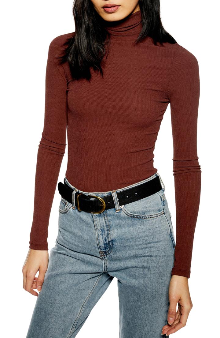 Women's Topshop Ribbed Turtleneck Top Us (fits Like 0) - Brown
