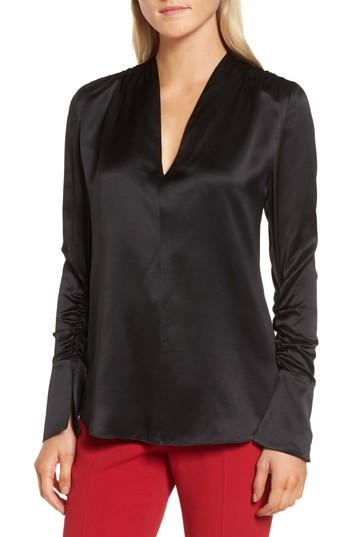 Women's Lewit Satin V-neck Ruched Silk Blouse - Black