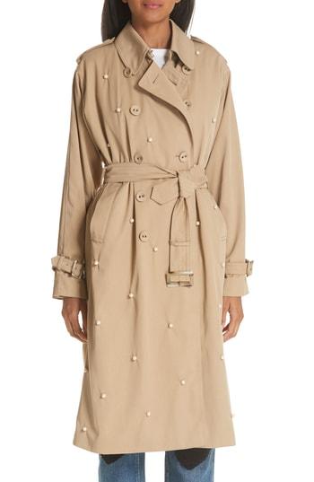 Women's Tu Es Mon Tresor Imitation Pearl Embellished Trench Coat - Beige