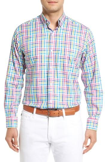 Men's Tailorbyrd Cliffrose Regular Fit Buffalo Check Sport Shirt, Size - Pink