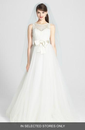 Women's Amsale Quinn French Lace Illusion Bodice Tulle Wedding Dress, Size - Ivory