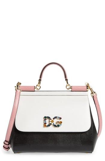 Dolce & Gabbana Medium Miss Sicily Crystal Logo Leather Satchel - Black