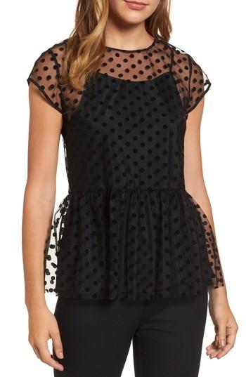 Women's Halogen Flocked Polka Dot Peplum Top - Black