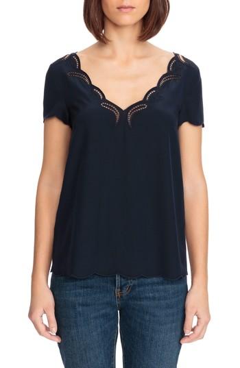 Women's Sezane Anabelle Cutwork Silk Blouse Us / 34 Fr - Blue