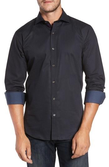 Men's Bugatchi Trim Fit Box Print Sport Shirt, Size - Black