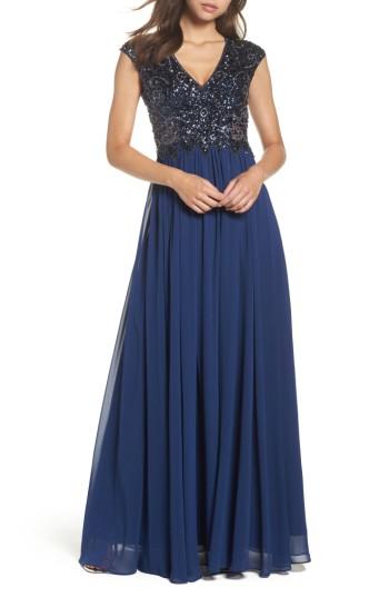 Women's Sean Collection Embellished Mesh & Chiffon Gown - Blue