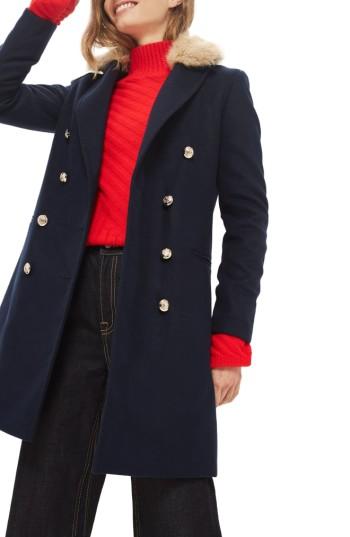 Women's Topshop Nina Faux Fur Collar Double Breasted Coat Us (fits Like 0) - Blue