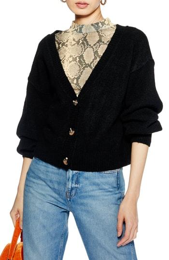 Women's Topshop Horn Button Crop Cardigan Us (fits Like 0) - Black