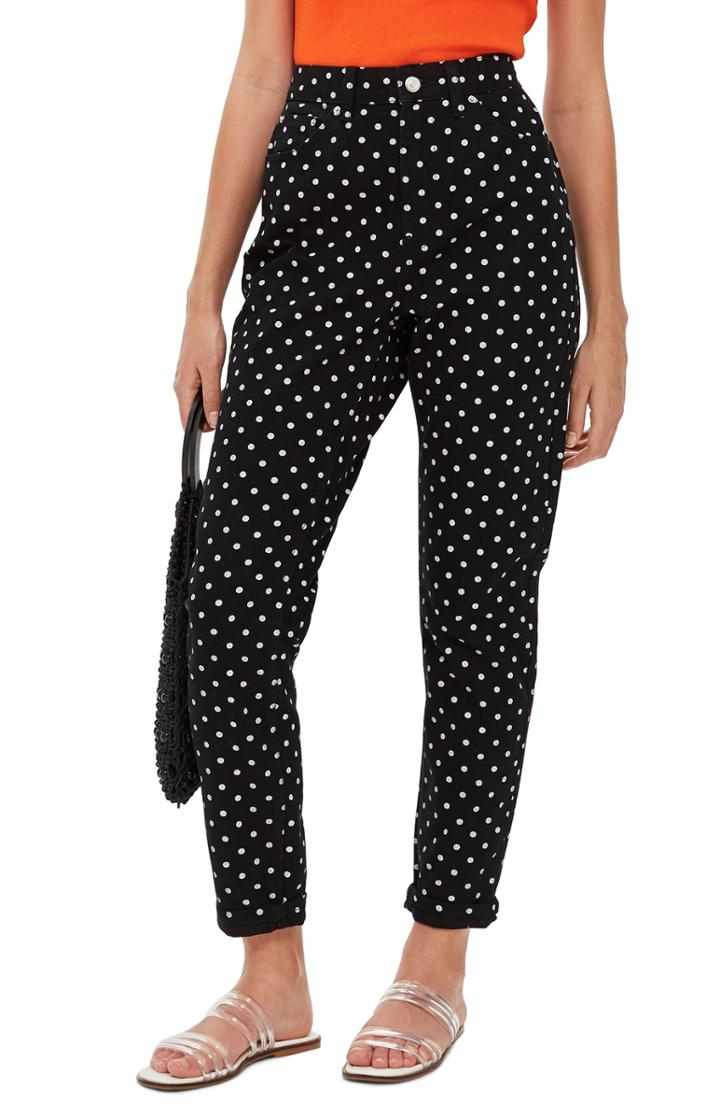 Women's Topshop Moto Polka Dot Mom Jeans W X 30l (fits Like 25-26w) - Black