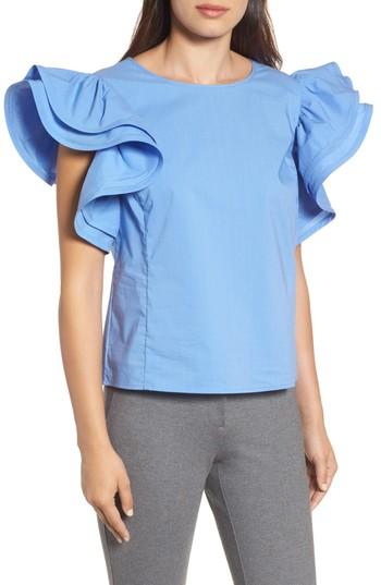 Women's Halogen Ruffle Sleeve Poplin Top - Blue