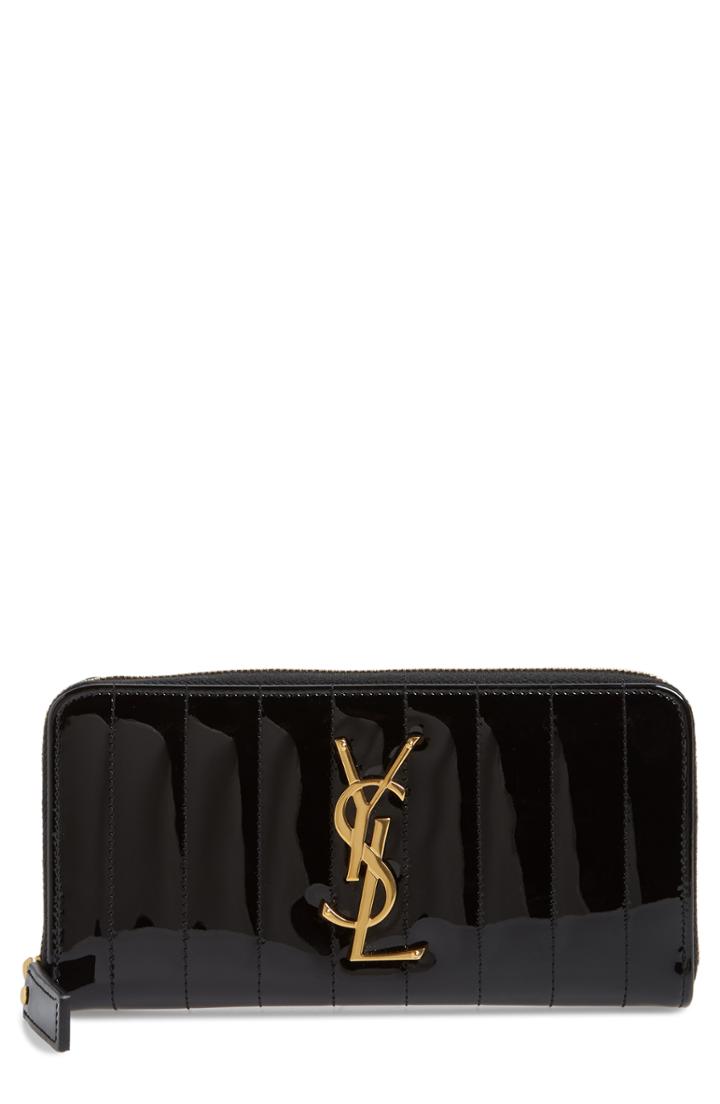 Women's Saint Laurent Vicky Patent Leather Zip Around Wallet - Black
