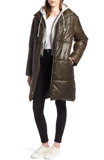 Women's Kendall + Kylie Puffer Coat With Sweatshirt Hoodie - Green
