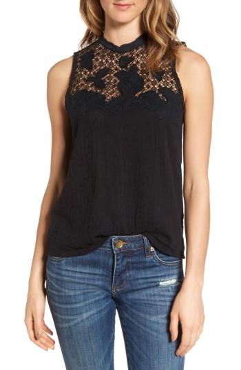 Women's Lucky Brand Lace Mock Neck - Black