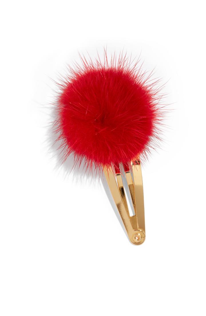 Wild And Woolly Genuine Mink Fur Pom Snap Clip, Size - Red