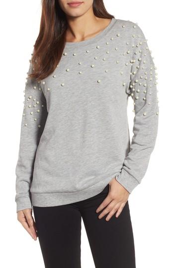 Petite Women's Halogen Beaded Sweatshirt P - Grey