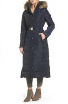Women's Michael Michael Kors Water Resistant Maxi Puffer Coat With Detachable Hood And Faux Fur Trim - Blue