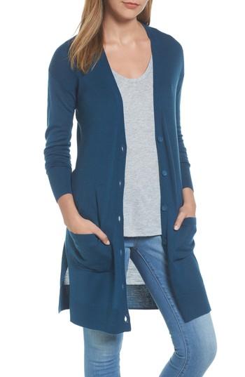 Petite Women's Halogen Rib Knit Wool Blend Cardigan P - Blue