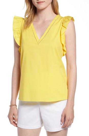 Petite Women's 1901 Ruffle Cotton Poplin Blend Top P - Yellow