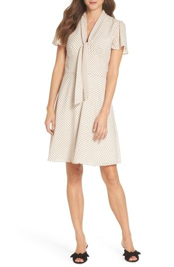 Women's Maggy London Flocked Mini Dot Tie Neck Dress - Beige