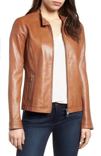 Women's Lamarque Perforated Leather Biker Jacket - Brown