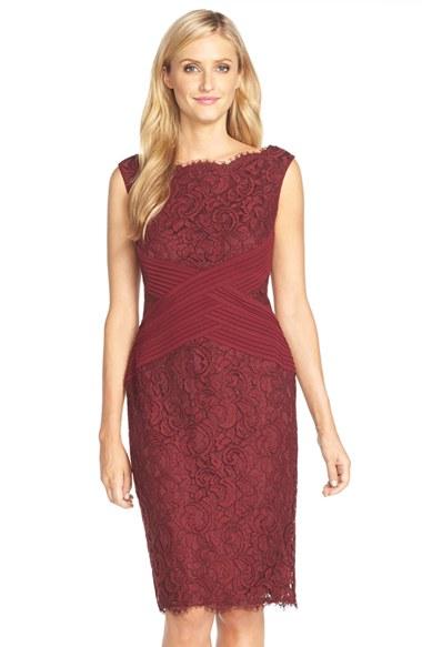 Women's Tadashi Shoji Crisscross Waist Lace Sheath Dress - Burgundy