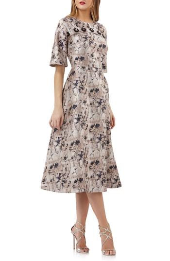 Women's Kay Unger Flower Button Fit & Flare Midi Dress - Beige