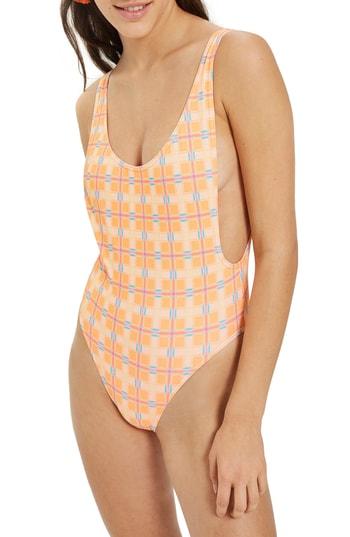 Women's Topshop Check Print One-piece Swimsuit Us (fits Like 0-2) - Orange