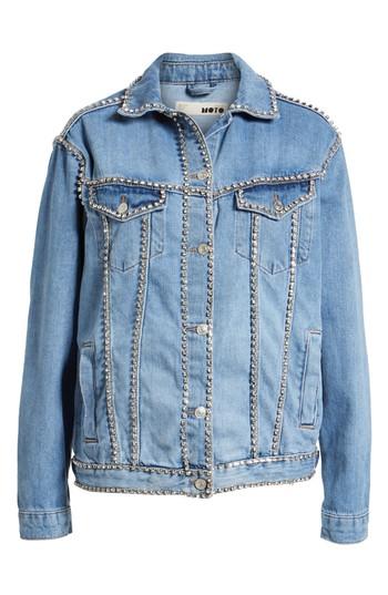 Women's Topshop Oversize Crystal Seam Denim Jacket Us (fits Like 2-4) - Blue