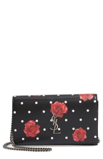 Women's Saint Laurent Rose & Polka Dot Leather Wallet On A Chain - Black