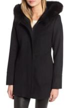 Women's Kristen Blake Genuine Fox Fur Trim Hooded Wool Coat - Black