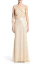 Women's Badgley Mischka Couture One Shoulder Beaded Mesh Gown - Beige